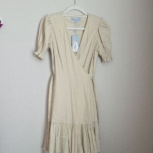 ANTONIO MELANI Tan Pleated Midi Sundress